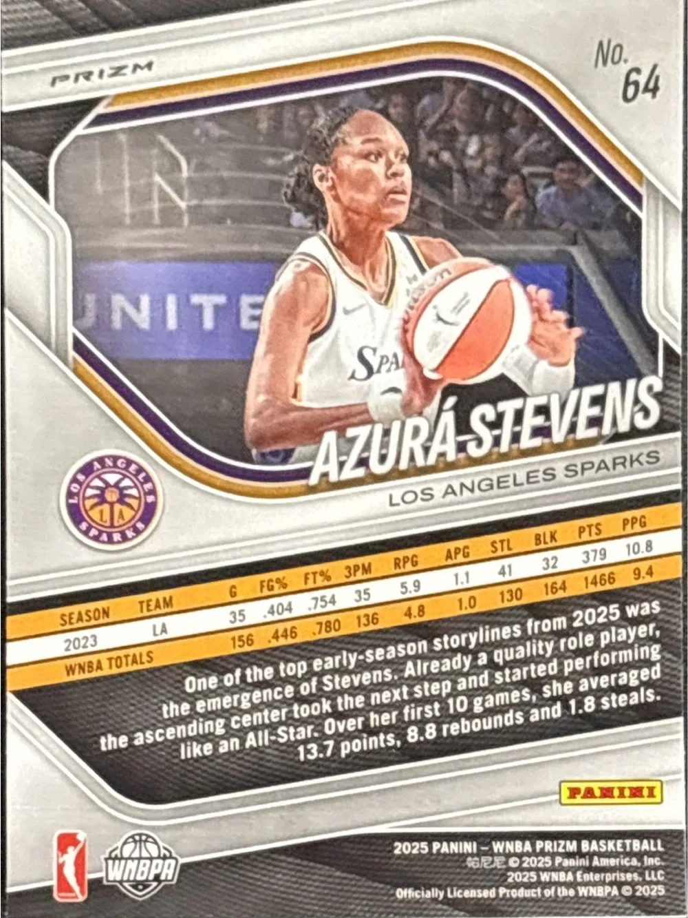 Panini Prizm Blue Refractor Los Angeles Sparks Azurá Stevens Trading Card